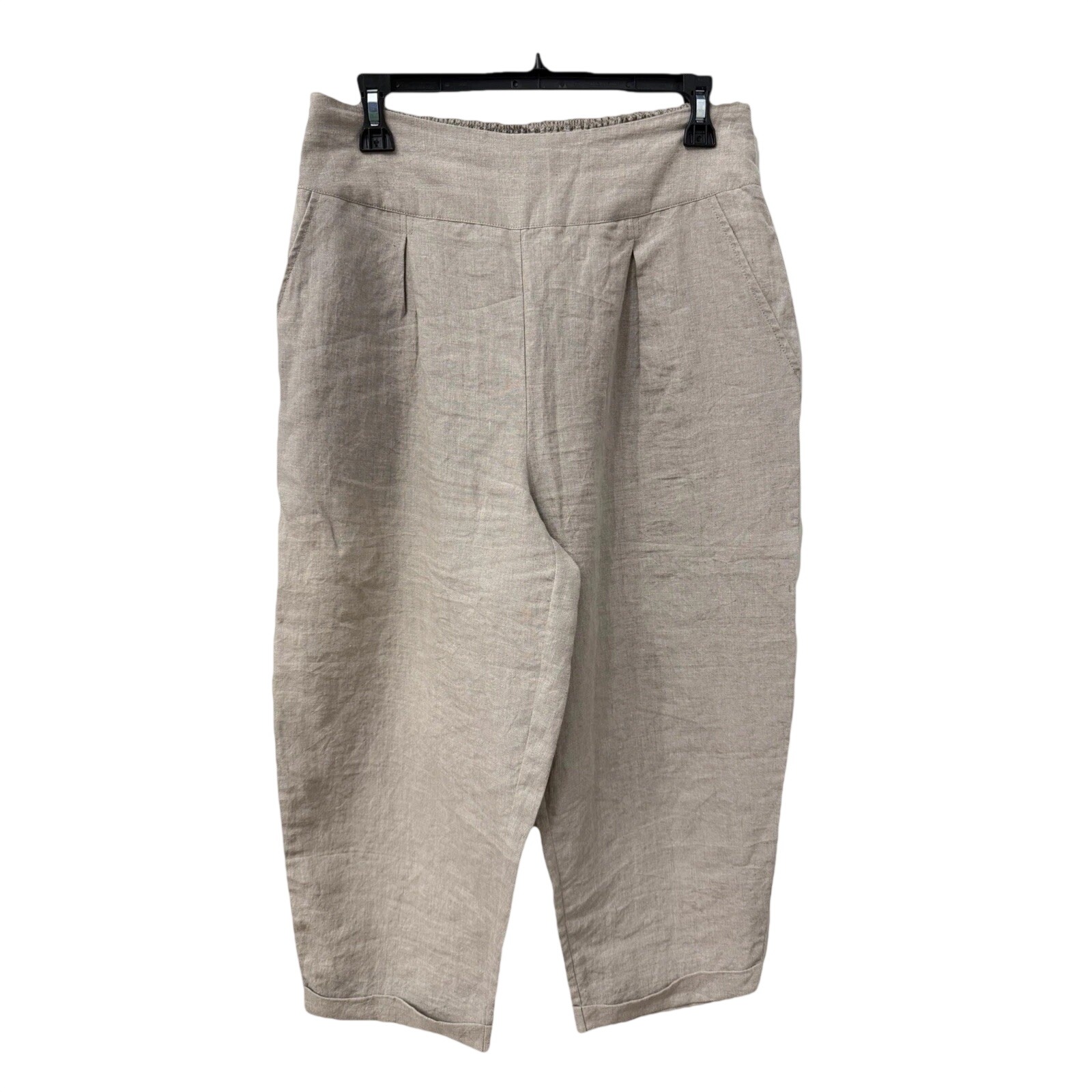Masai Linen Cropped Pants Size M Beige High Rise Smocked Waist Cuffed Hem Barrel
